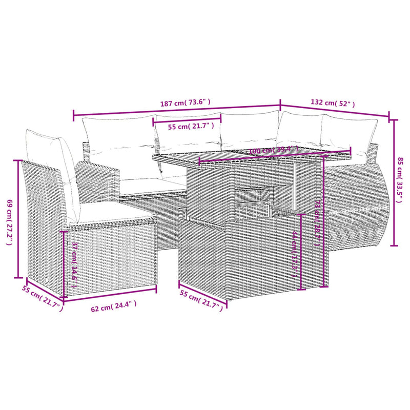 vidaXL 6 Piece Garden Sofa Set with Cushions Grey Poly Rattan