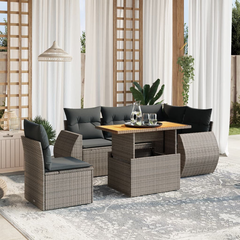 vidaXL 6 Piece Garden Sofa Set with Cushions Grey Poly Rattan