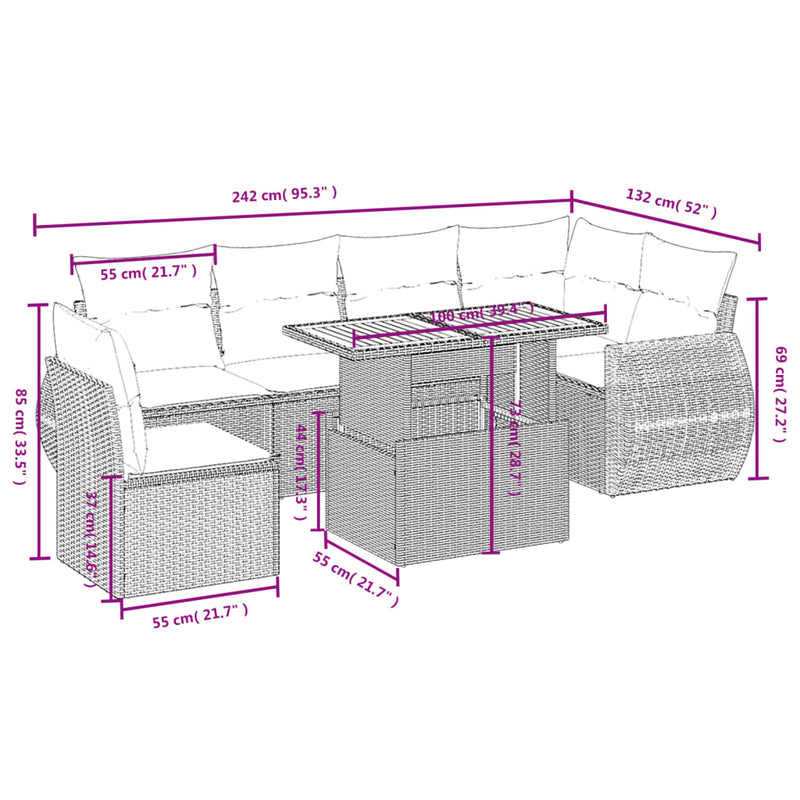vidaXL 7 Piece Garden Sofa Set with Cushions Grey Poly Rattan