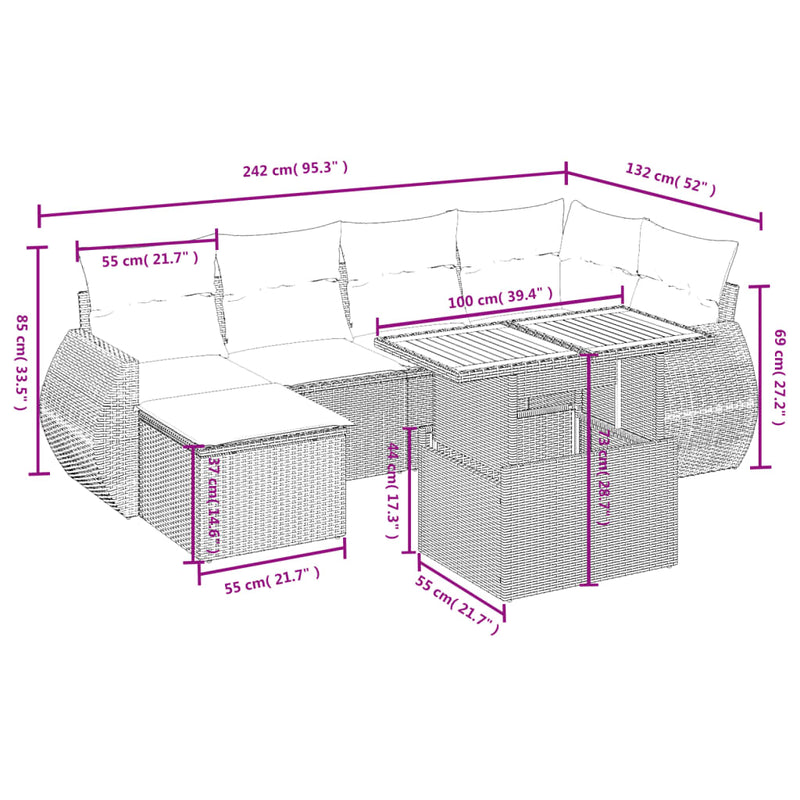 7 Piece Garden Sofa Set with Cushions Grey Poly Rattan