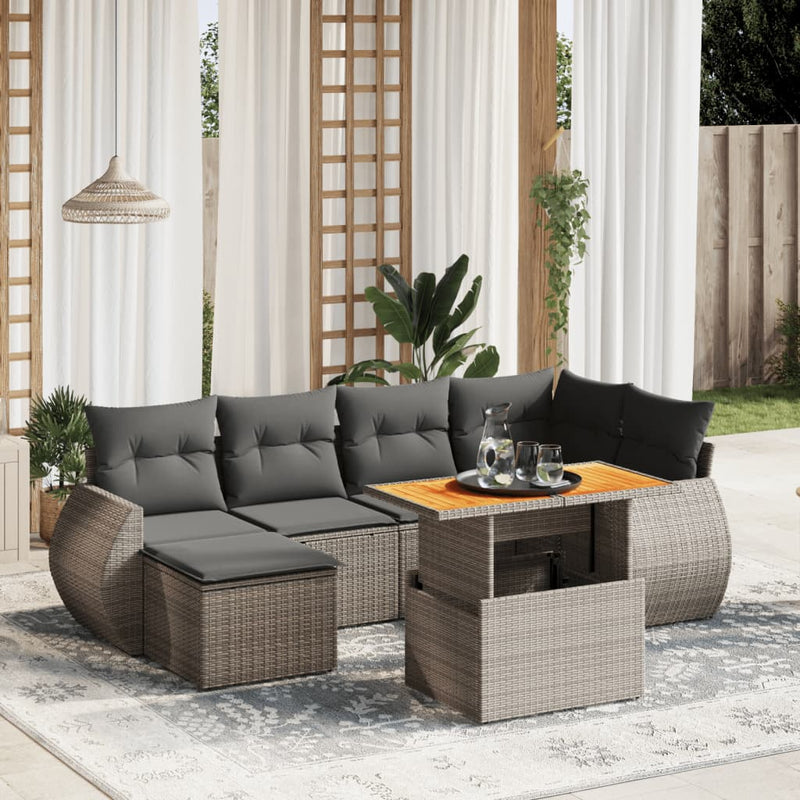 7 Piece Garden Sofa Set with Cushions Grey Poly Rattan