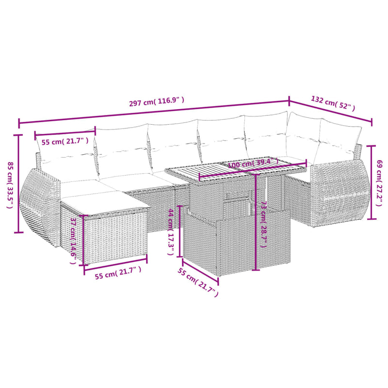vidaXL 8 Piece Garden Sofa Set with Cushions Grey Poly Rattan