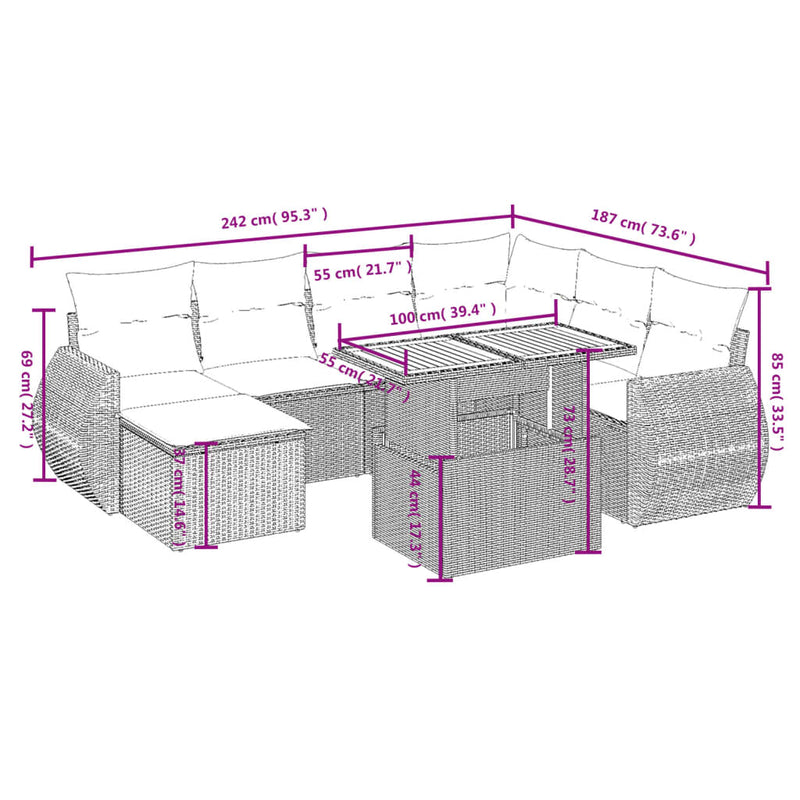 vidaXL 8 Piece Garden Sofa Set with Cushions Grey Poly Rattan