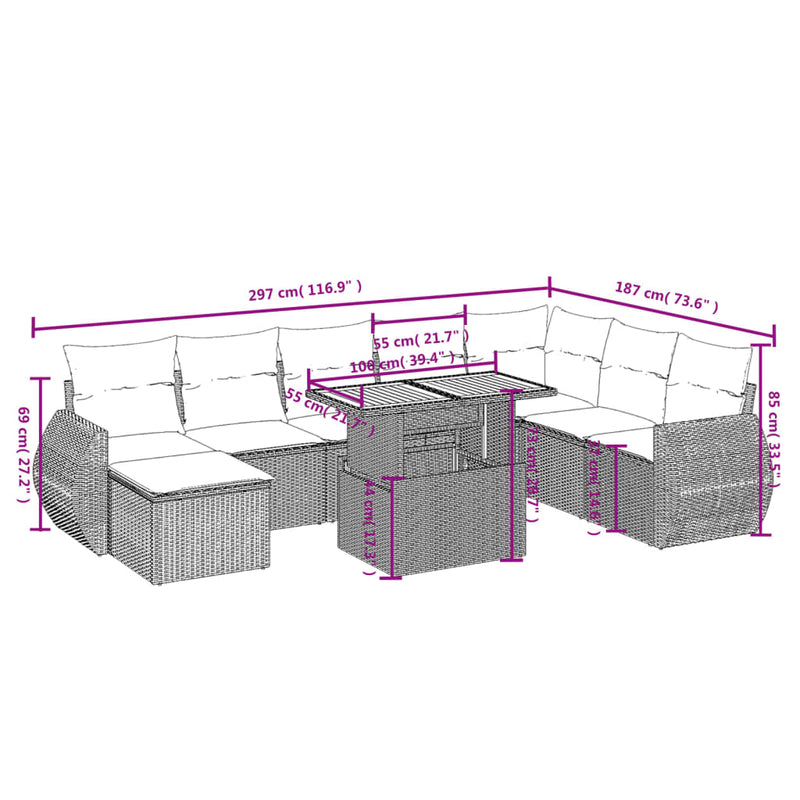 vidaXL 9 Piece Garden Sofa Set with Cushions Grey Poly Rattan