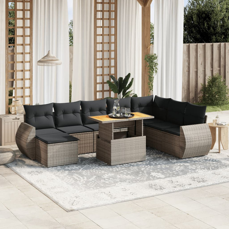 9 Piece Garden Sofa Set with Cushions Grey Poly Rattan