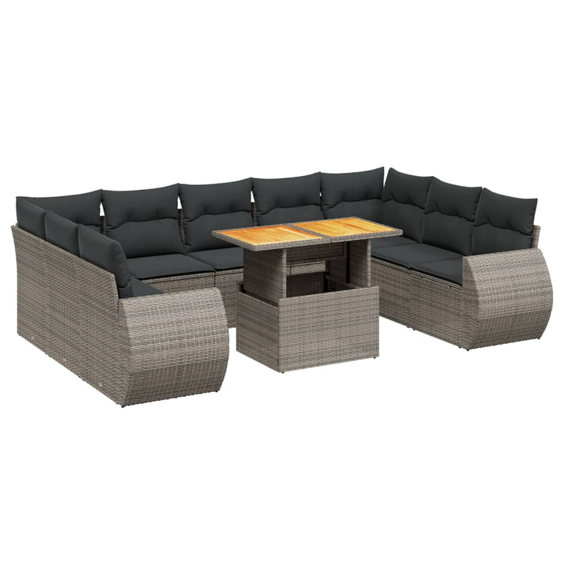 10 Piece Garden Sofa Set with Cushions Grey Poly Rattan