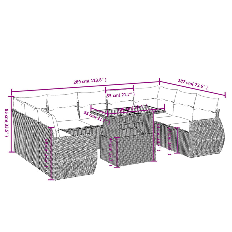 vidaXL 10 Piece Garden Sofa Set with Cushions Grey Poly Rattan