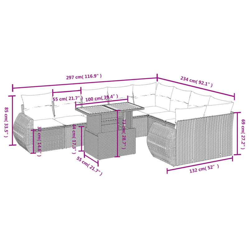 vidaXL 10 Piece Garden Sofa Set with Cushions Grey Poly Rattan