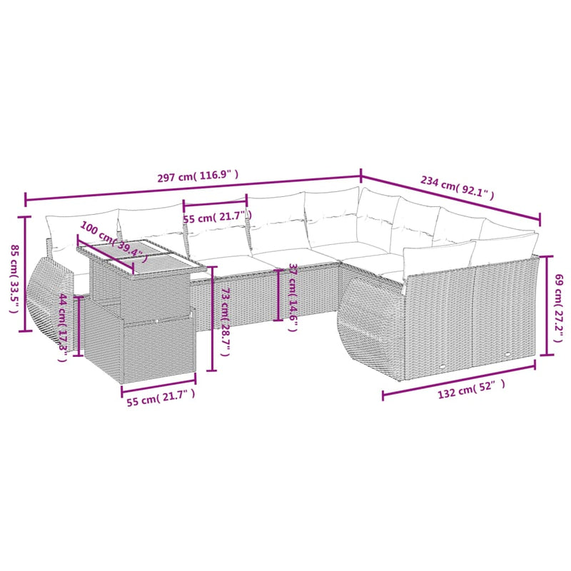 vidaXL 10 Piece Garden Sofa Set with Cushions Grey Poly Rattan