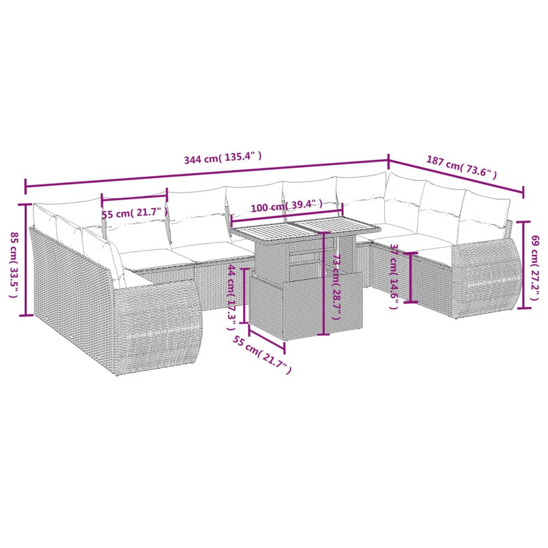 vidaXL 11 Piece Garden Sofa Set with Cushions Grey Poly Rattan