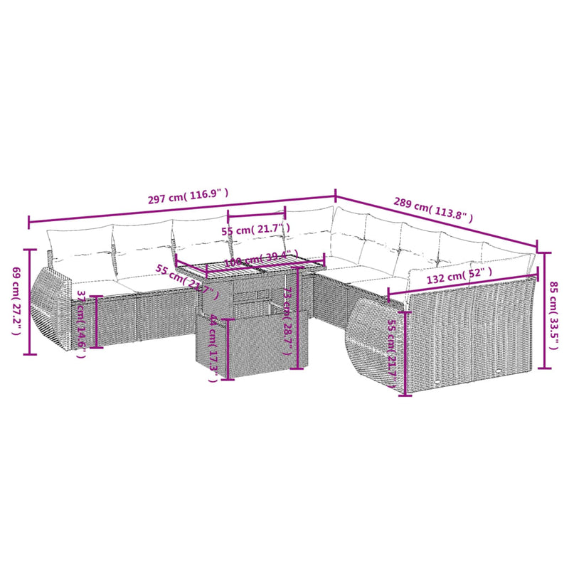 11 Piece Garden Sofa Set with Cushions Grey Poly Rattan