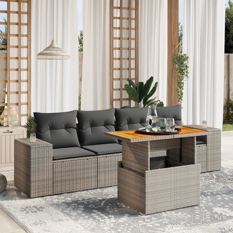 5 Piece Garden Sofa Set with Cushions Grey Poly Rattan