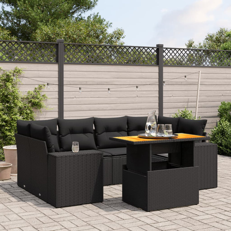 vidaXL 7 Piece Garden Sofa Set with Cushions Black Poly Rattan