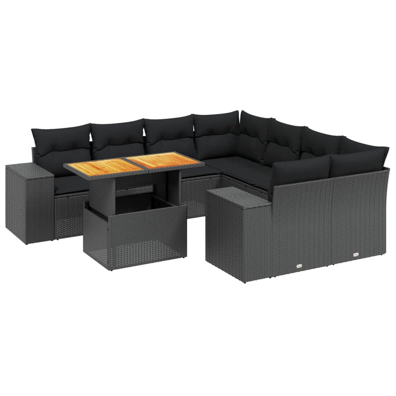 vidaXL 9 Piece Garden Sofa Set with Cushions Black Poly Rattan