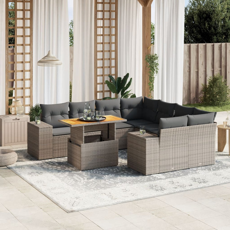 9 Piece Garden Sofa Set with Cushions Grey Poly Rattan