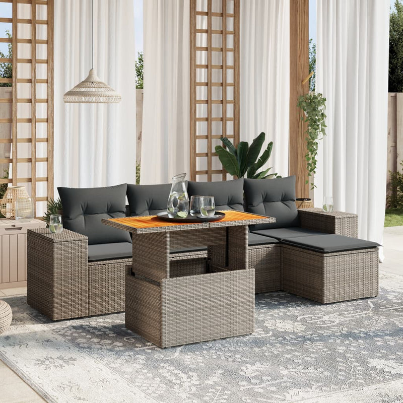 6 Piece Garden Sofa Set with Cushions Grey Poly Rattan