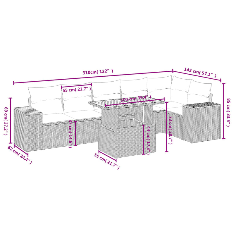 7 Piece Garden Sofa Set with Cushions Grey Poly Rattan