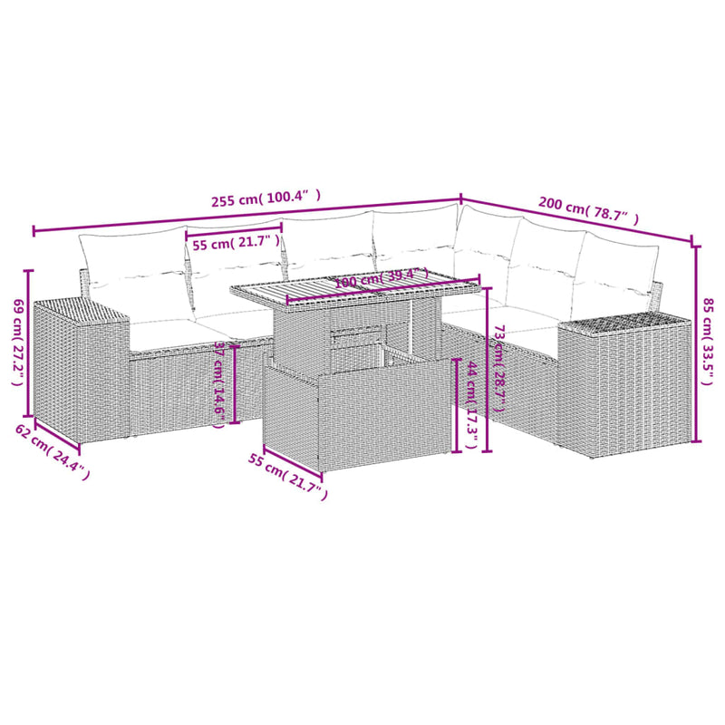 7 Piece Garden Sofa Set with Cushions Grey Poly Rattan