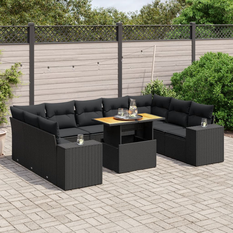 vidaXL 10 Piece Garden Sofa Set with Cushions Black Poly Rattan