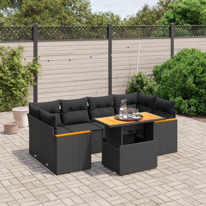 vidaXL 7 Piece Garden Sofa Set with Cushions Black Poly Rattan