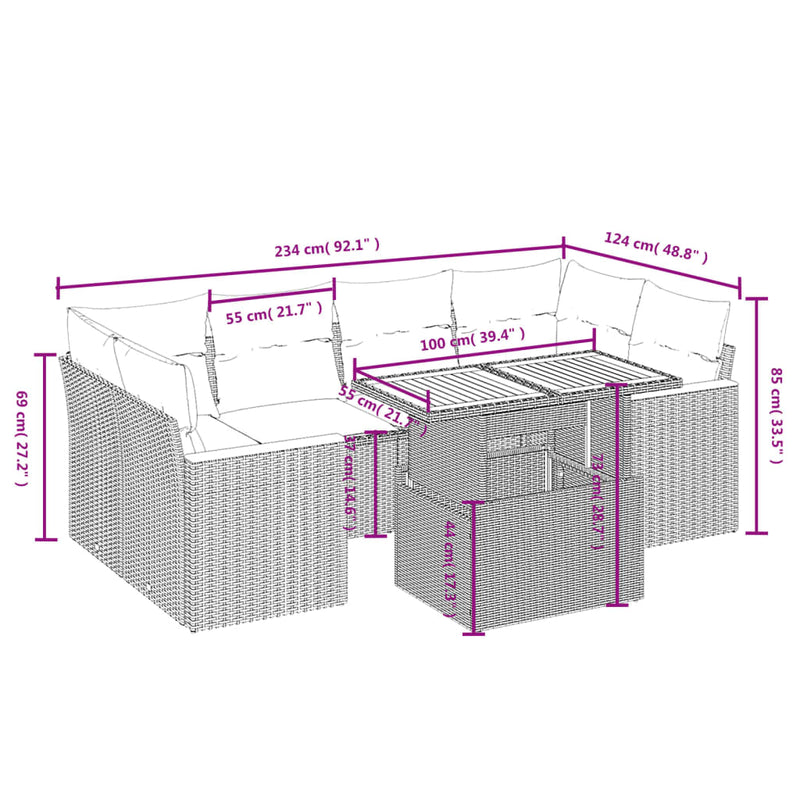 vidaXL 7 Piece Garden Sofa Set with Cushions Grey Poly Rattan