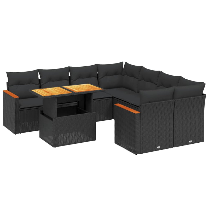 vidaXL 9 Piece Garden Sofa Set with Cushions Black Poly Rattan