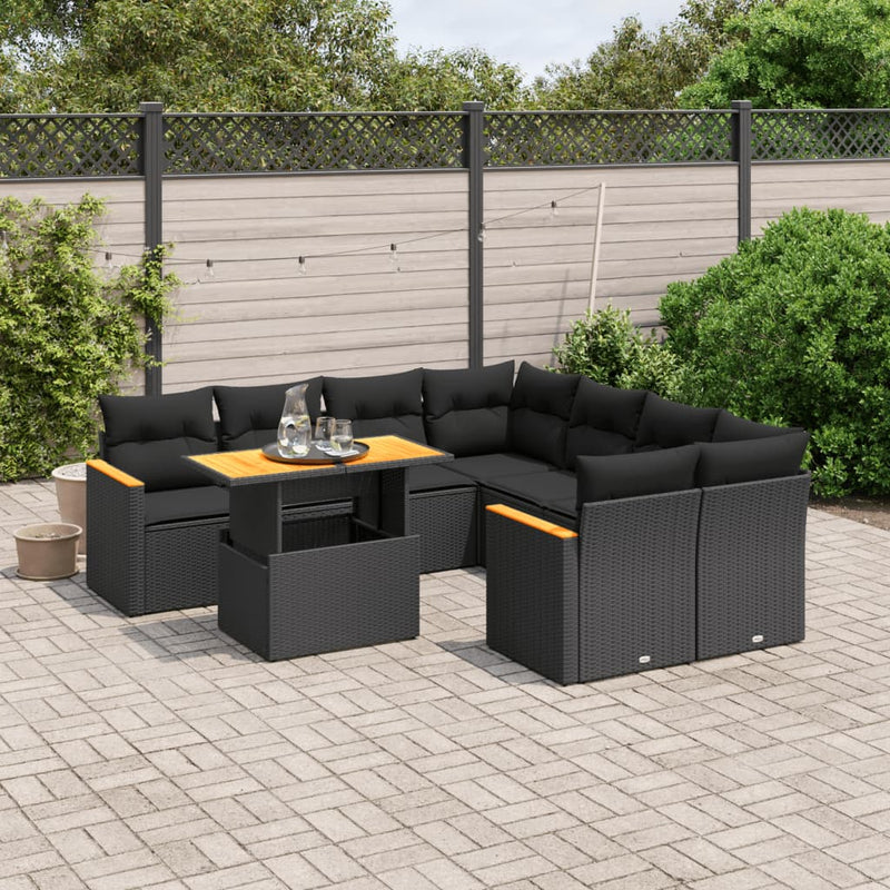 vidaXL 9 Piece Garden Sofa Set with Cushions Black Poly Rattan