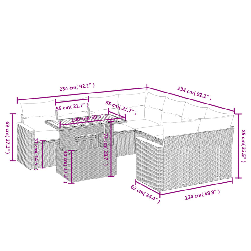 vidaXL 9 Piece Garden Sofa Set with Cushions Grey Poly Rattan