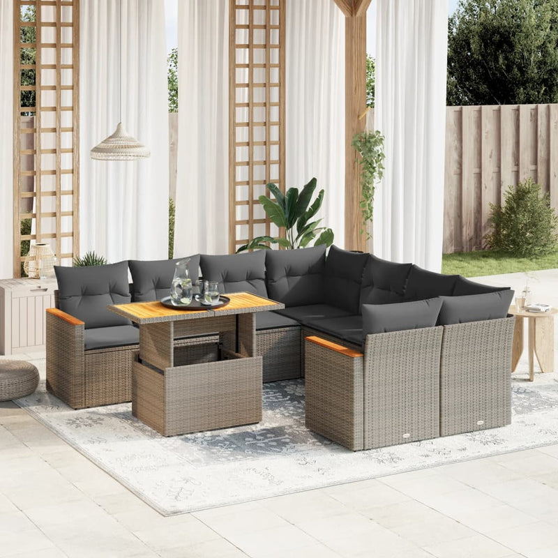 vidaXL 9 Piece Garden Sofa Set with Cushions Grey Poly Rattan
