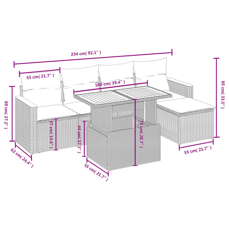 vidaXL 6 Piece Garden Sofa Set with Cushions Black Poly Rattan