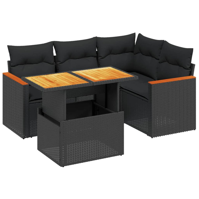 5 Piece Garden Sofa Set with Cushions Black Poly Rattan