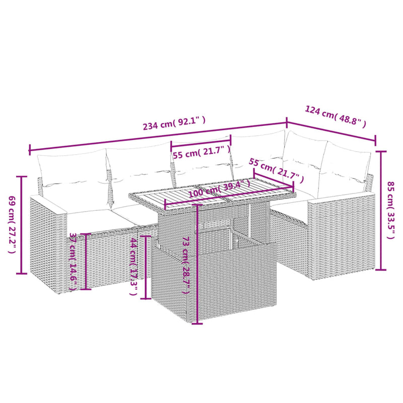 vidaXL 6 Piece Garden Sofa Set with Cushions Grey Poly Rattan