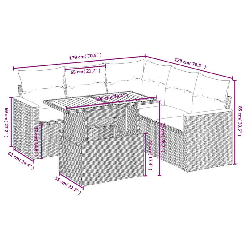 vidaXL 6 Piece Garden Sofa Set with Cushions Grey Poly Rattan