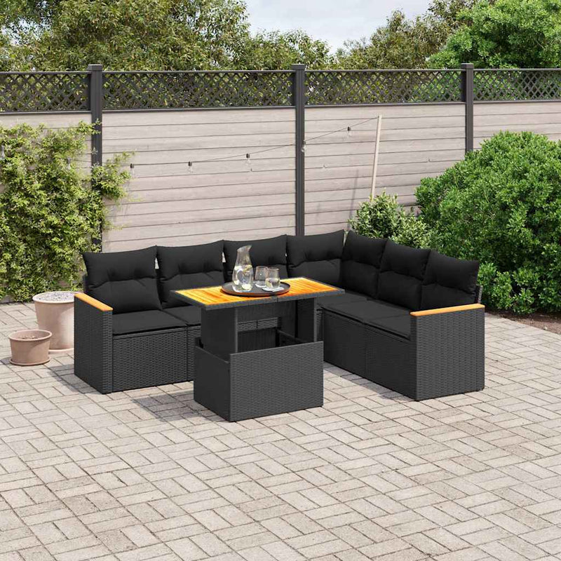 vidaXL 7 Piece Garden Sofa Set with Cushions Black Poly Rattan