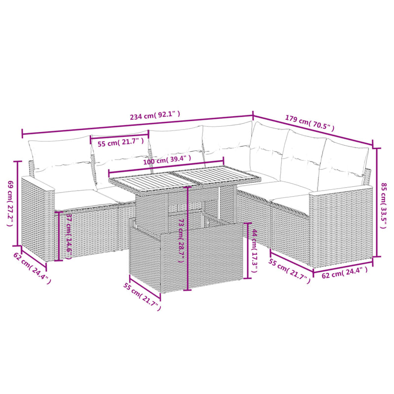 vidaXL 7 Piece Garden Sofa Set with Cushions Grey Poly Rattan