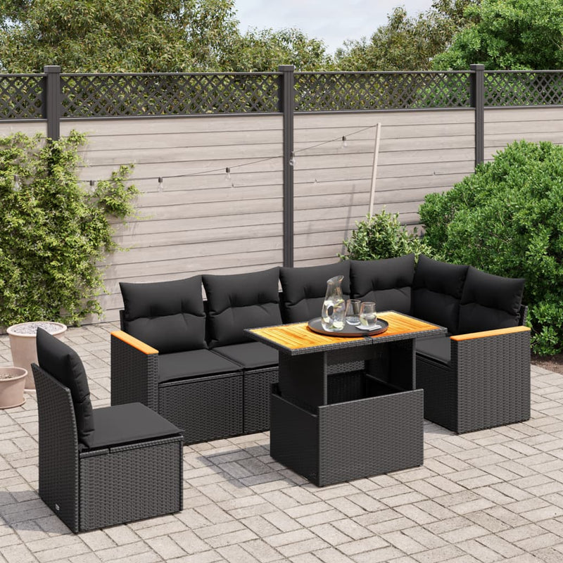 vidaXL 7 Piece Garden Sofa Set with Cushions Black Poly Rattan
