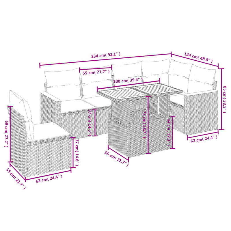 vidaXL 7 Piece Garden Sofa Set with Cushions Grey Poly Rattan
