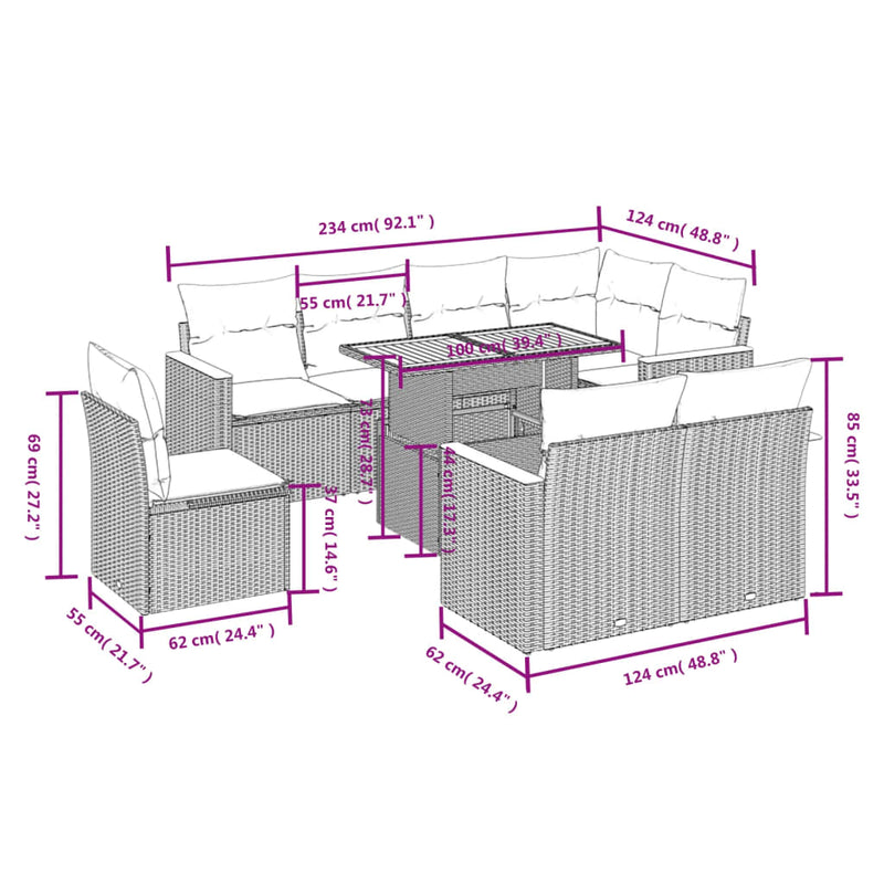 9 Piece Garden Sofa Set with Cushions Grey Poly Rattan