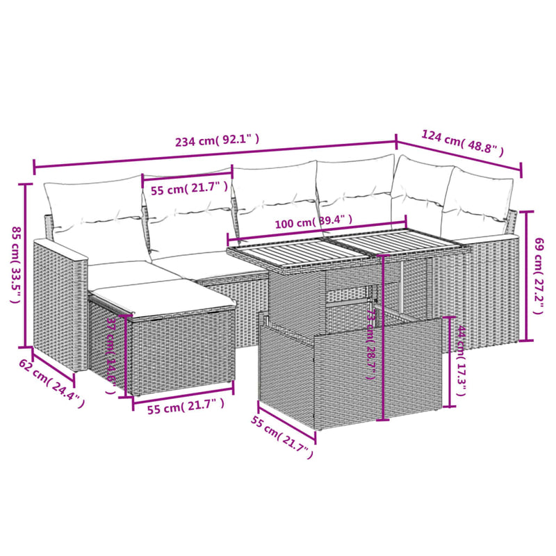 vidaXL 7 Piece Garden Sofa Set with Cushions Black Poly Rattan