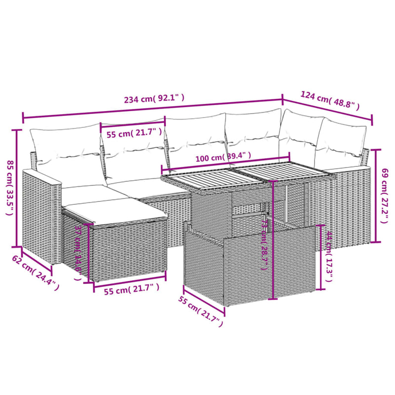 vidaXL 7 Piece Garden Sofa Set with Cushions Black Poly Rattan