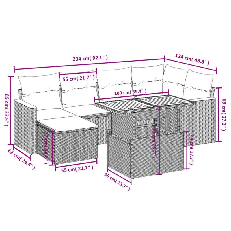 vidaXL 7 Piece Garden Sofa Set with Cushions Grey Poly Rattan