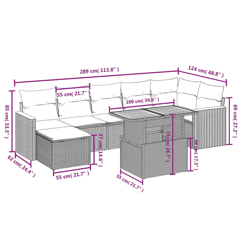 vidaXL 8 Piece Garden Sofa Set with Cushions Grey Poly Rattan