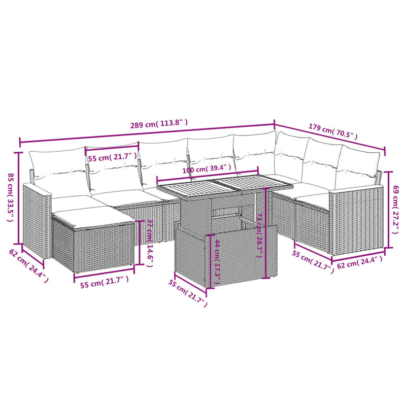 vidaXL 9 Piece Garden Sofa Set with Cushions Grey Poly Rattan