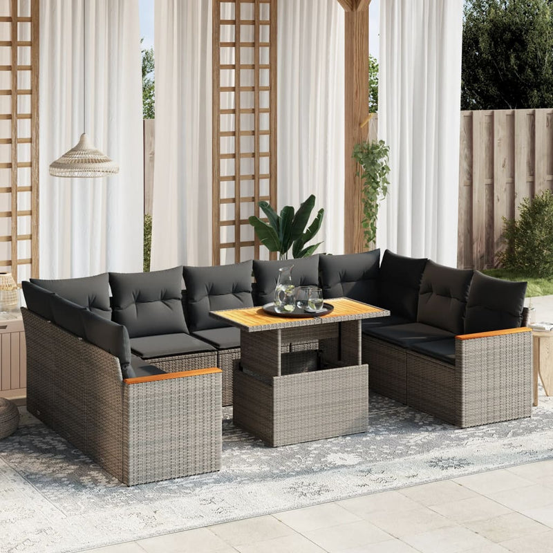 vidaXL 10 Piece Garden Sofa Set with Cushions Grey Poly Rattan