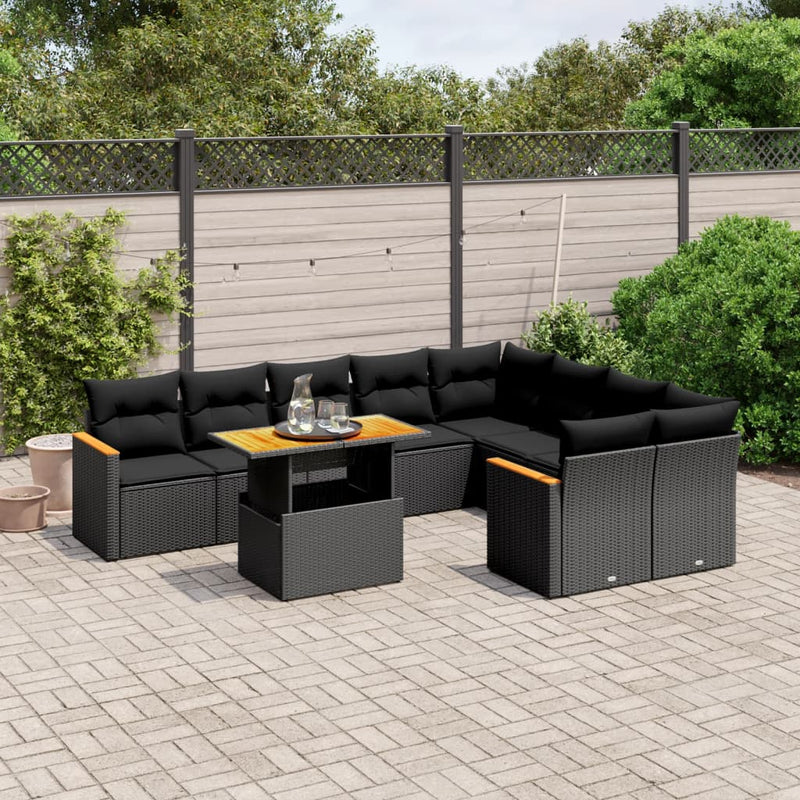 vidaXL 10 Piece Garden Sofa Set with Cushions Black Poly Rattan
