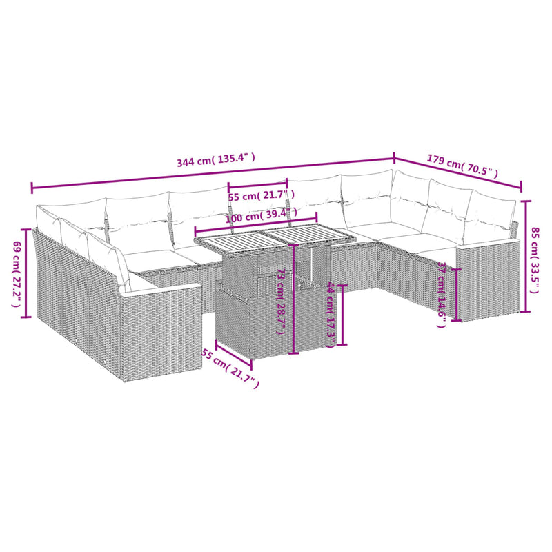 vidaXL 11 Piece Garden Sofa Set with Cushions Grey Poly Rattan