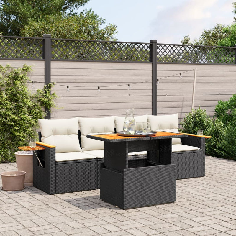 vidaXL 5 Piece Garden Sofa Set with Cushions Black Poly Rattan