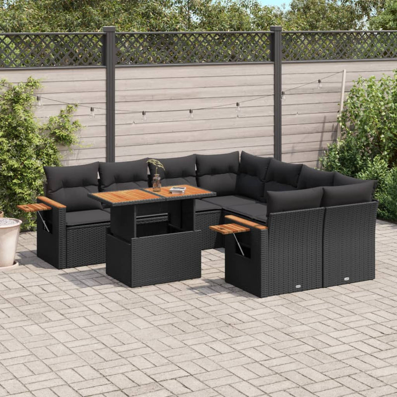 vidaXL 9 Piece Garden Sofa Set with Cushions Black Poly Rattan