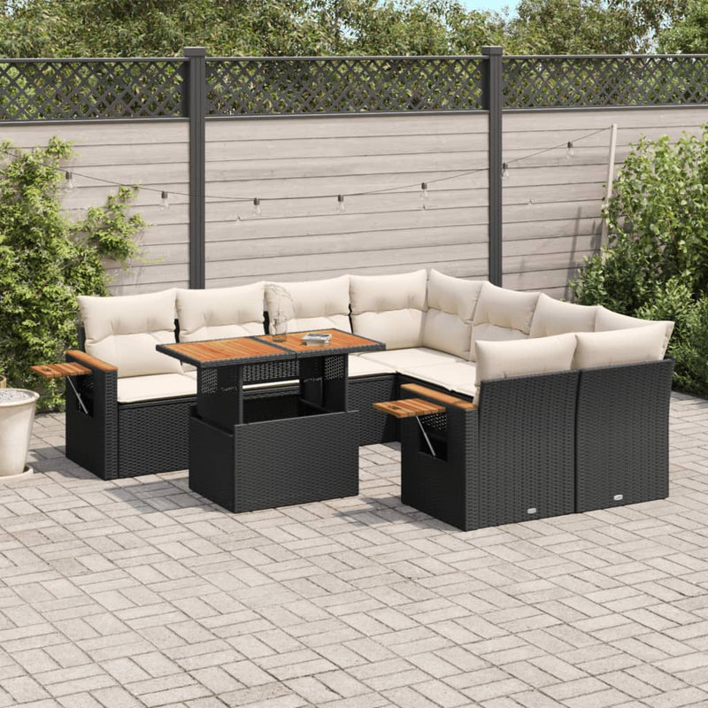 vidaXL 9 Piece Garden Sofa Set with Cushions Black Poly Rattan