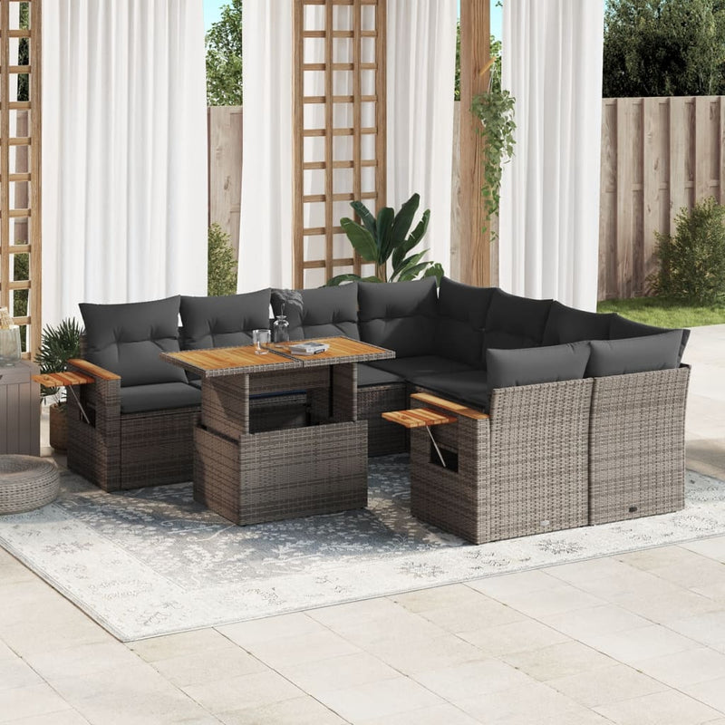 vidaXL 9 Piece Garden Sofa Set with Cushions Grey Poly Rattan